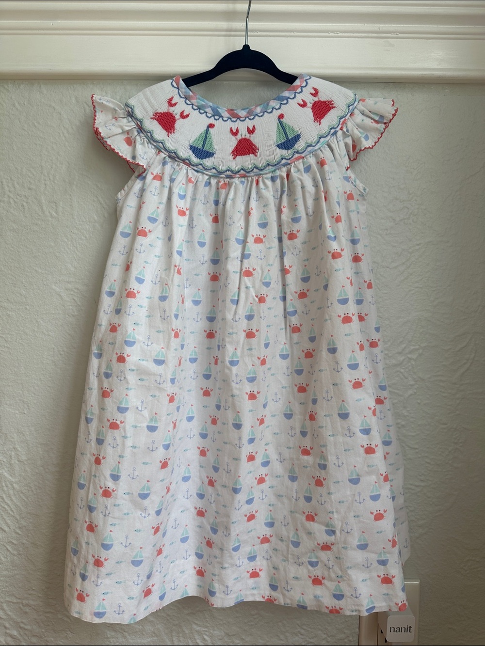 Smocked Nautical-Print Kids Nightgown - White with Coral & Blue